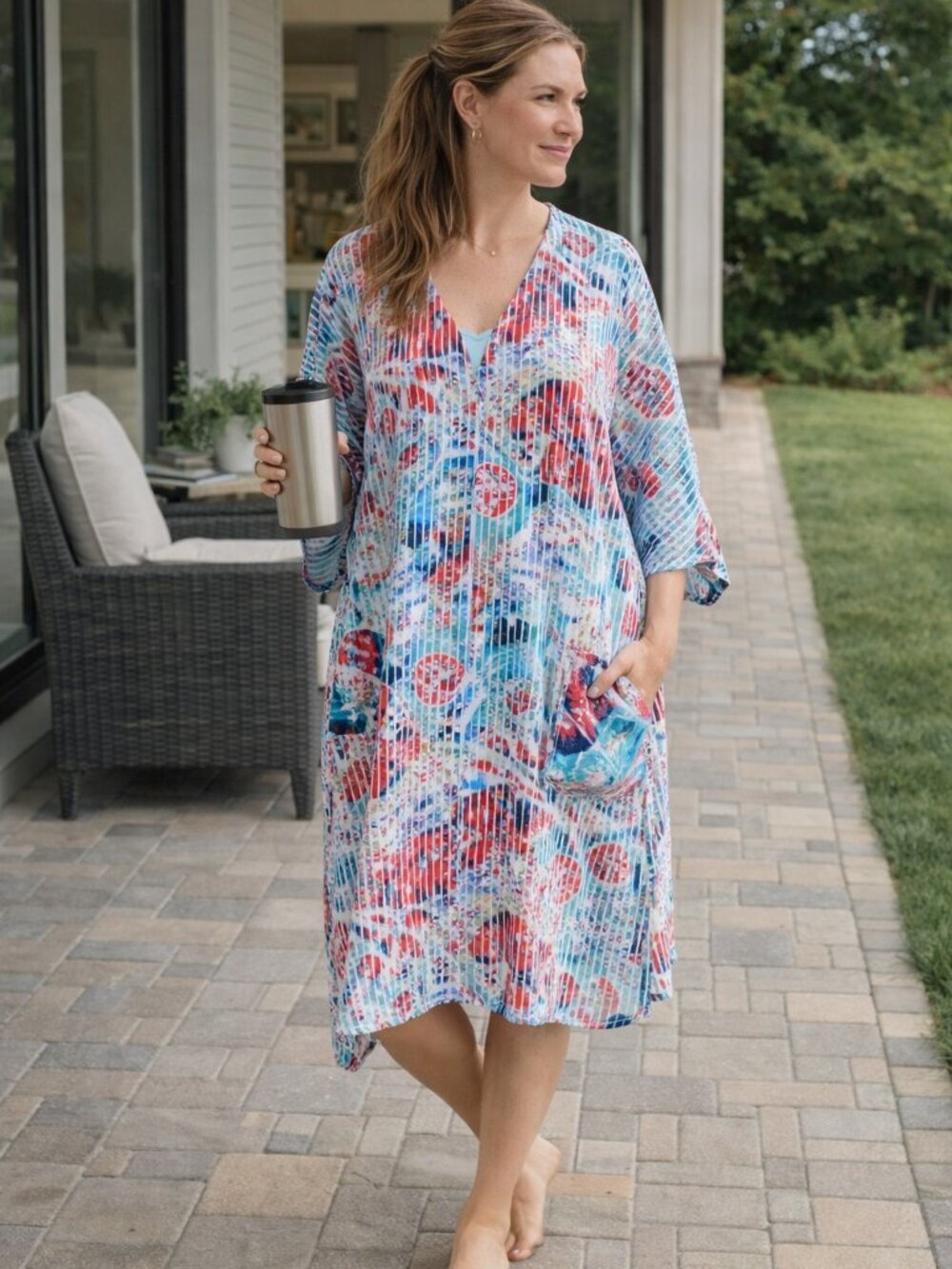 Vintage 1970s Floral Button-Up Housecoat Duster Robe Medium - Picture 2 of 13